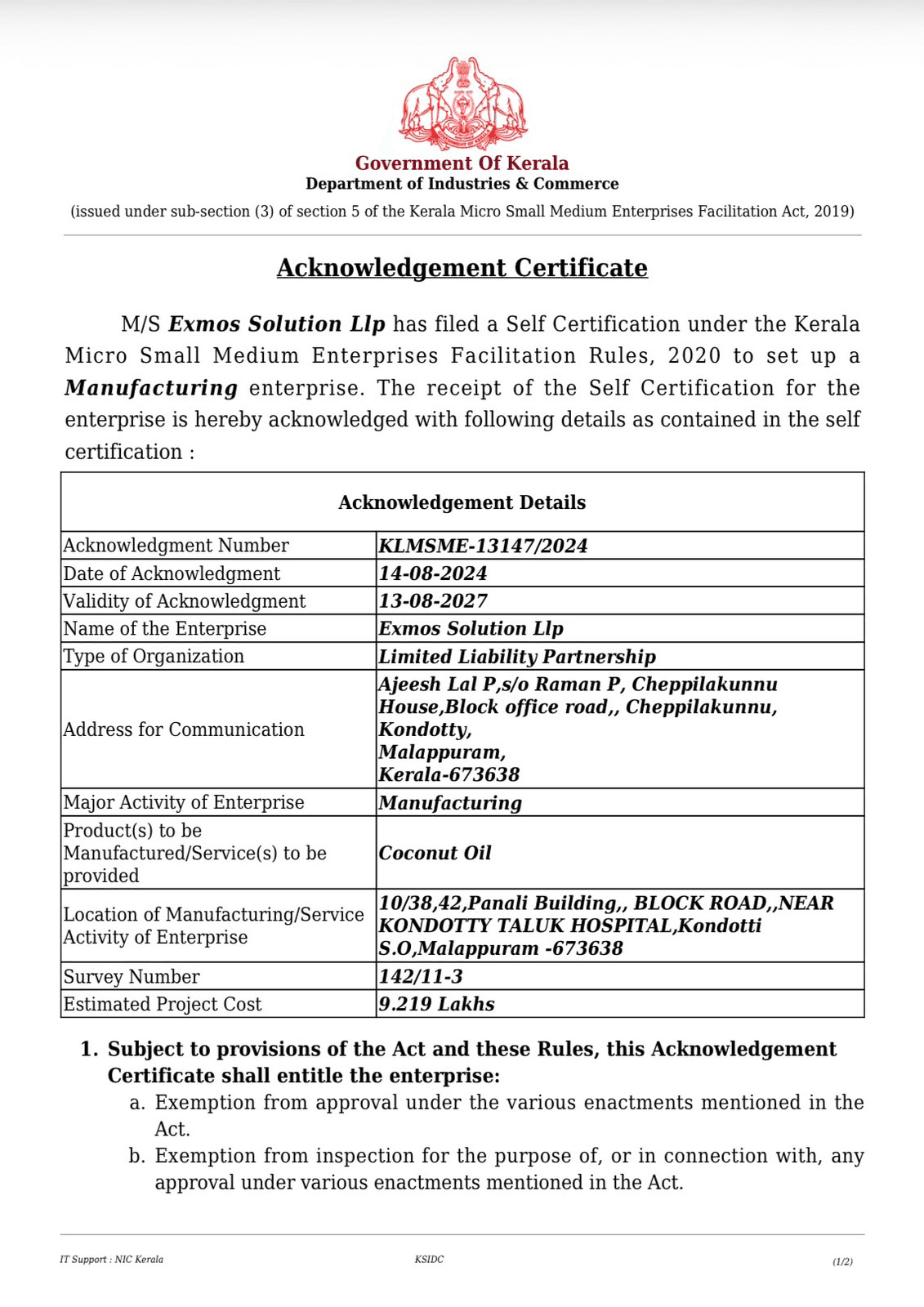 Acknowledgement Certificate